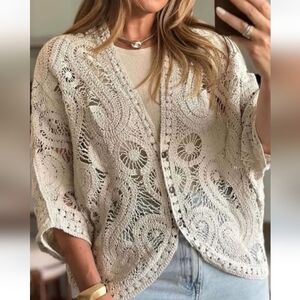 Boutique AZ Boho Festival Crochet MCardigan – Cream Open Knit Lace Top OS